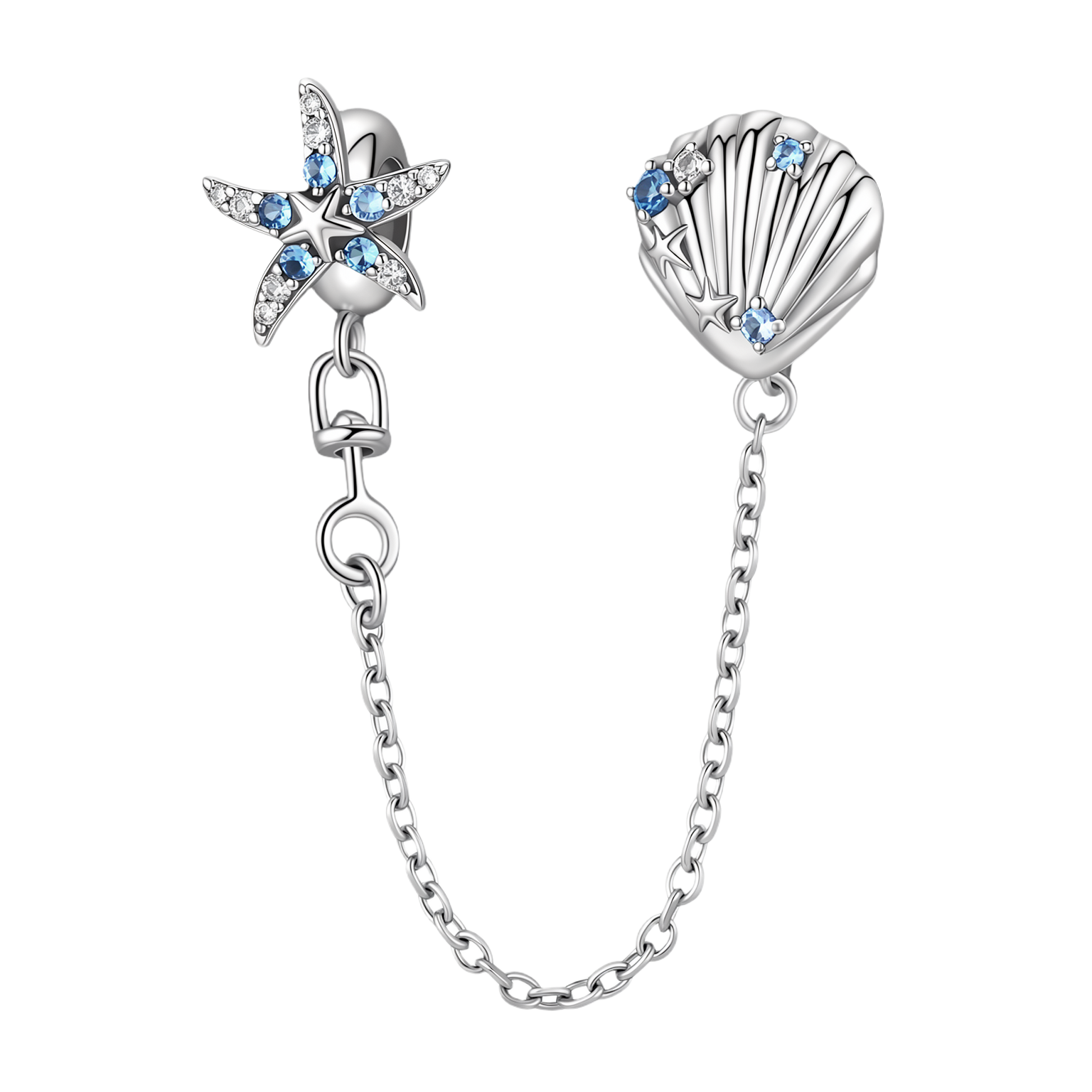 Sparkling Starfish & Shell Safety Chain 925 Sterling Silver Inlaid with Clear and Blue CZ Stones_1
