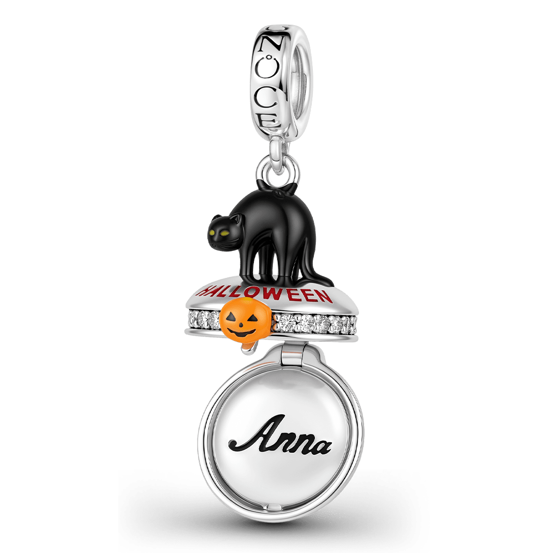 Gnoce Halloween Black Cat Box Engravable Dangle Charm Platinum-plated Silver Blend_6