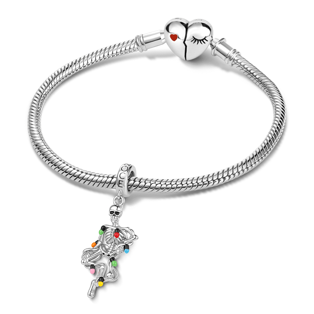 Gnoce Halloween Skeleton with Colorful Fairy Lights Dangle Charm Platinum-plated Silver Blend_3