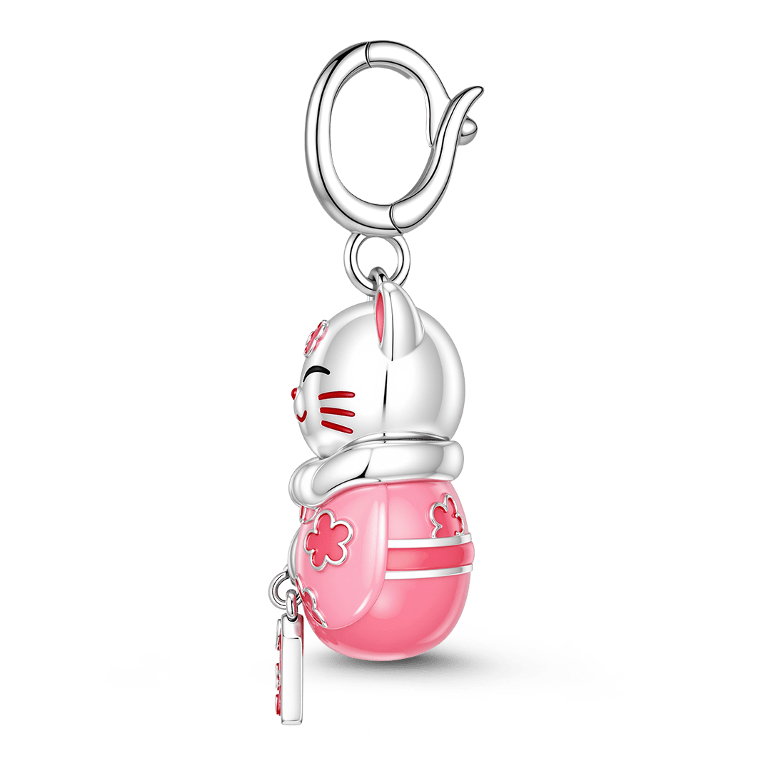 Gnoce Glow In Dark Japanese Sakura Lucky Cat Clasp Dangle Charm Platinum-plated Silver Blend_5