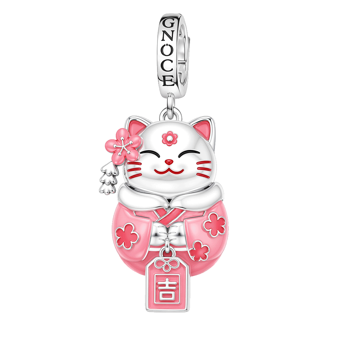 Gnoce Glow In Dark Japanese Sakura Lucky Cat Clasp Dangle Charm Platinum-plated Silver Blend_1