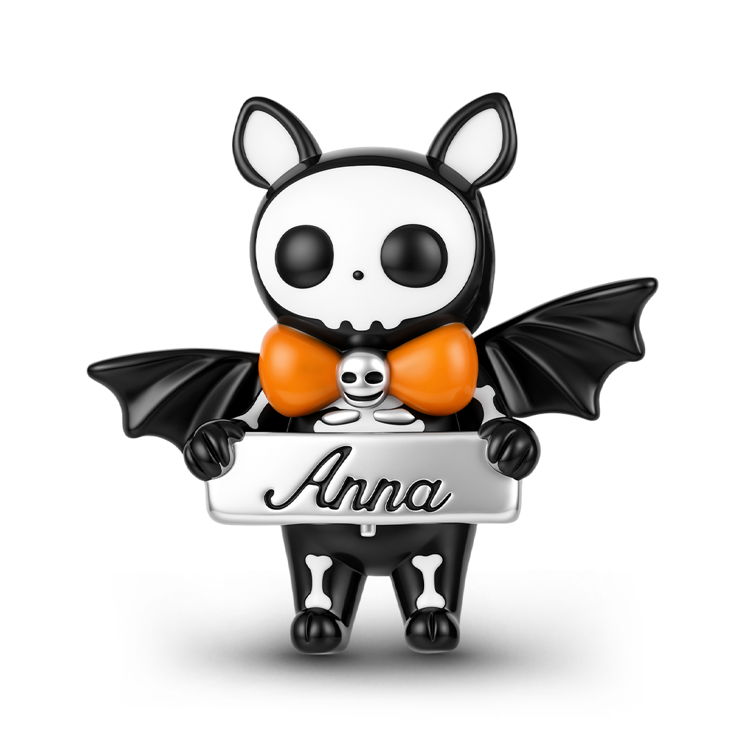 Gnoce Glow‑in‑the‑dark Halloween Skeleton Bat Engravable Through‑hole Bead Charm Black Gold-plated Silver Blend_2