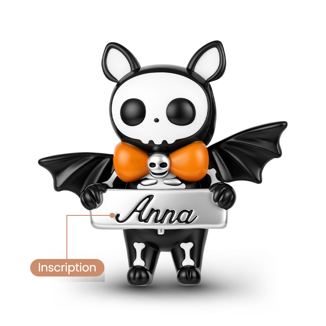 Gnoce Glow‑in‑the‑dark Halloween Skeleton Bat Engravable Through‑hole Bead Charm Black Gold-plated Silver Blend_5