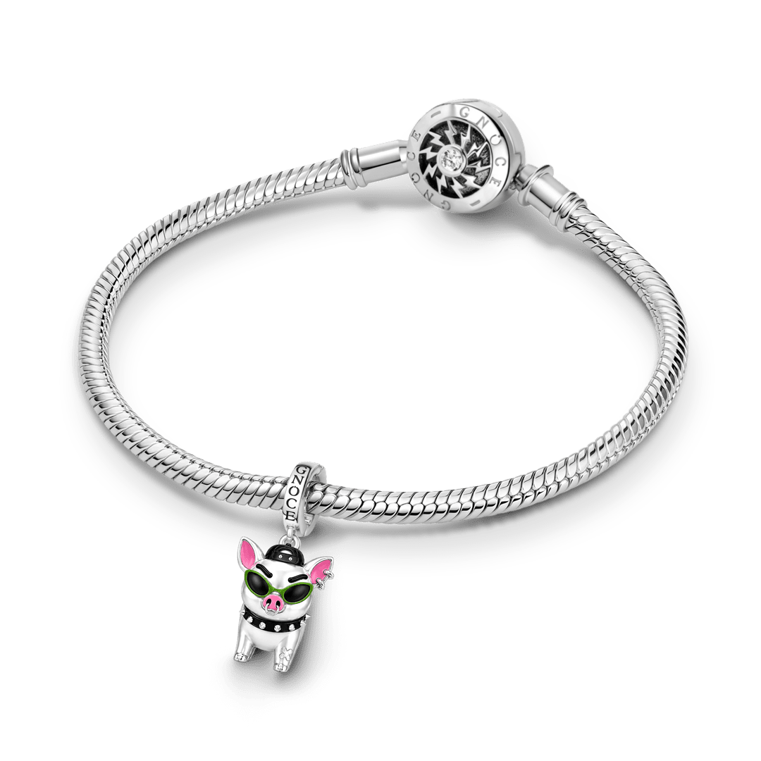 Gnoce Punk Glow‑in‑the‑dark Carefree Pig Rebel Clasp Dangle Charm Platinum‑plated Silver Blend_6