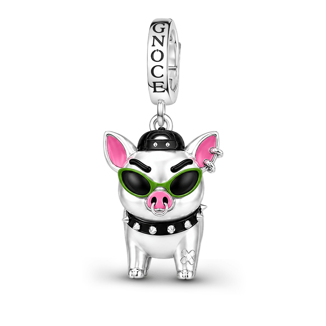 Gnoce Punk Glow‑in‑the‑dark Carefree Pig Rebel Clasp Dangle Charm Platinum‑plated Silver Blend_8