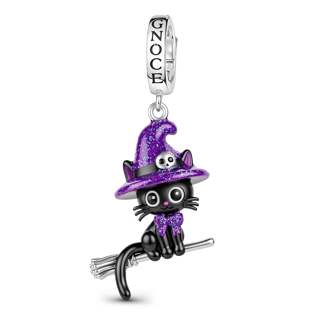 Gnoce Glow-in-the-dark Halloween Flying Witch Black Cat Clasp Dangle Charm Platinum-plated Silver Blend_2