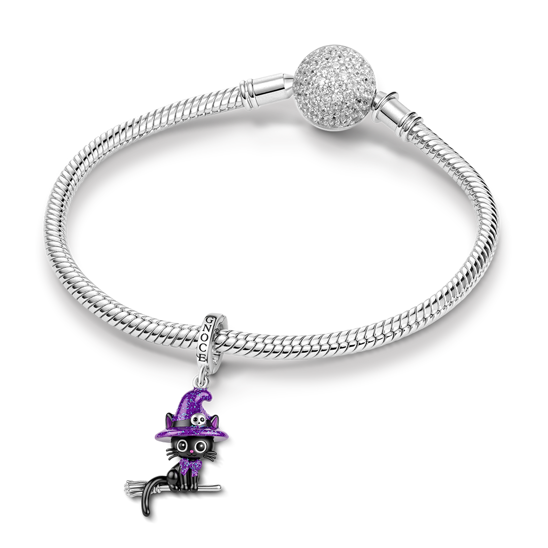 Gnoce Glow-in-the-dark Halloween Flying Witch Black Cat Clasp Dangle Charm Platinum-plated Silver Blend_4
