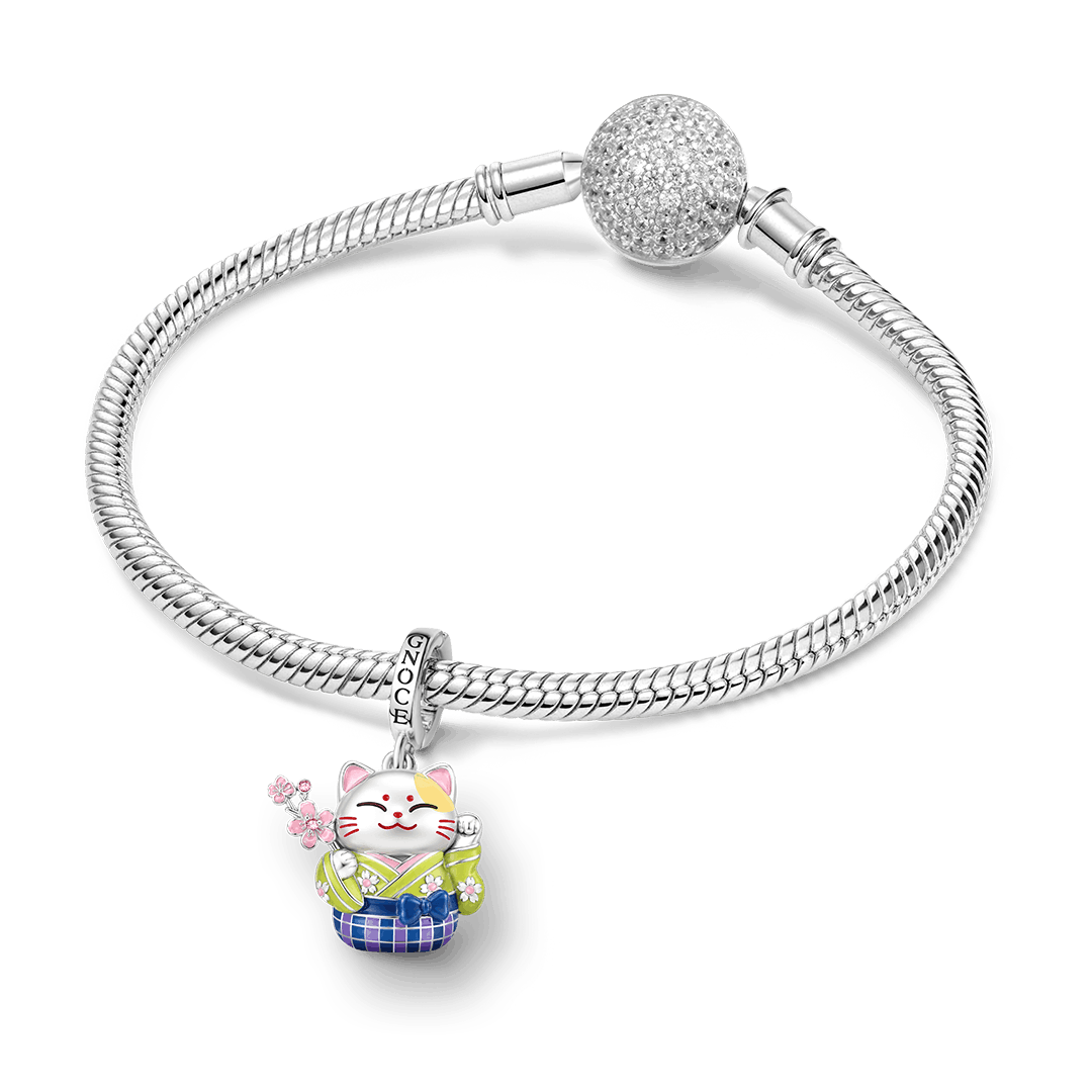 Gnoce Kimono Cherry Blossom Cat Clasp Dangle Charm Platinum-plated Silver Blend_3