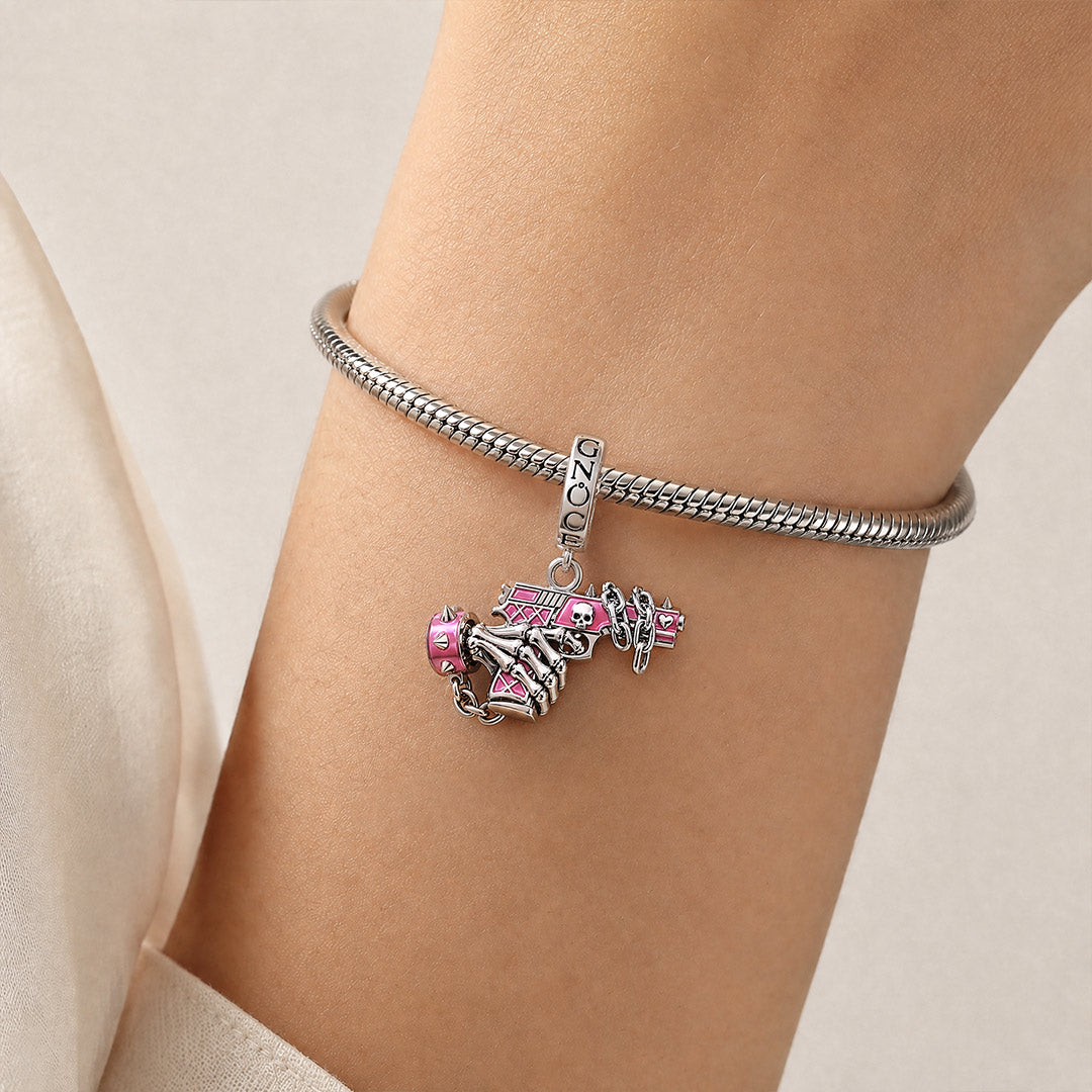 Gnoce Pink Punk Halloween Skeleton Hand Gun Clasp Dangle Charm Platinum-plated Silver Blend_2