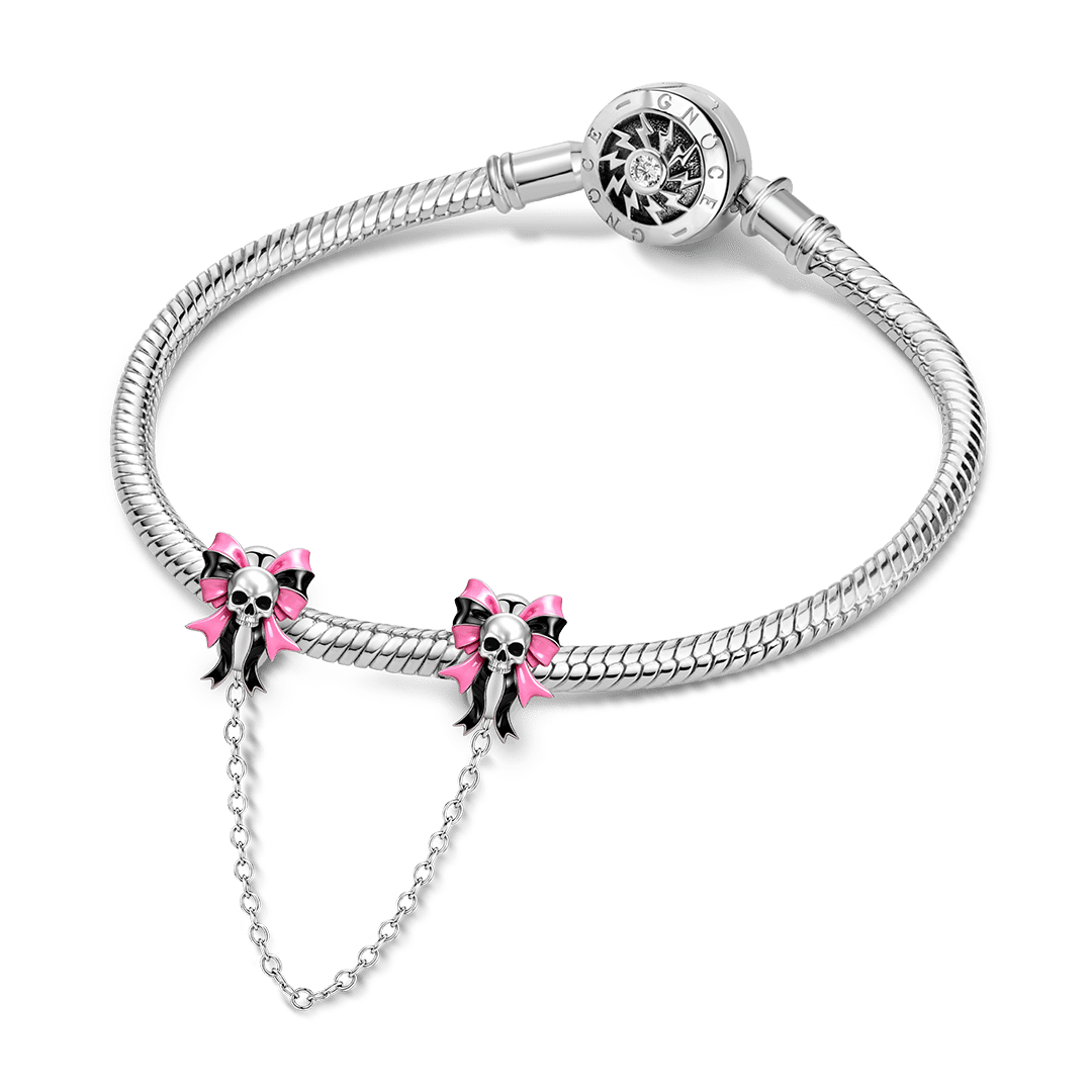 Gnoce Pink Punk Halloween Skull Bow Safety Chain Bead Platinum-plated Silver Blend_3