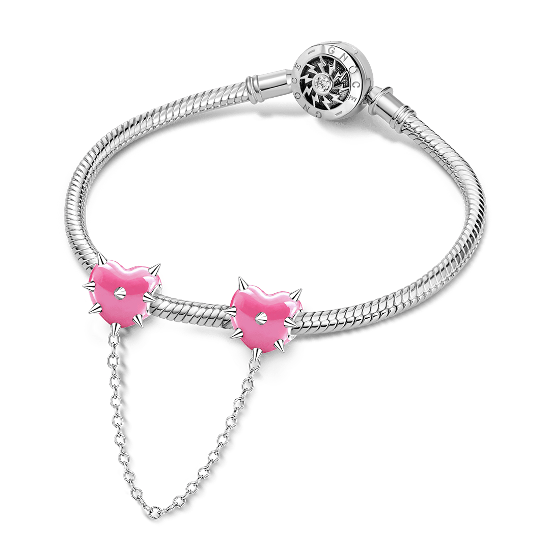 Gnoce Pink Punk Spiked Heart Safety Chain Bead Platinum-plated Silver Blend_3