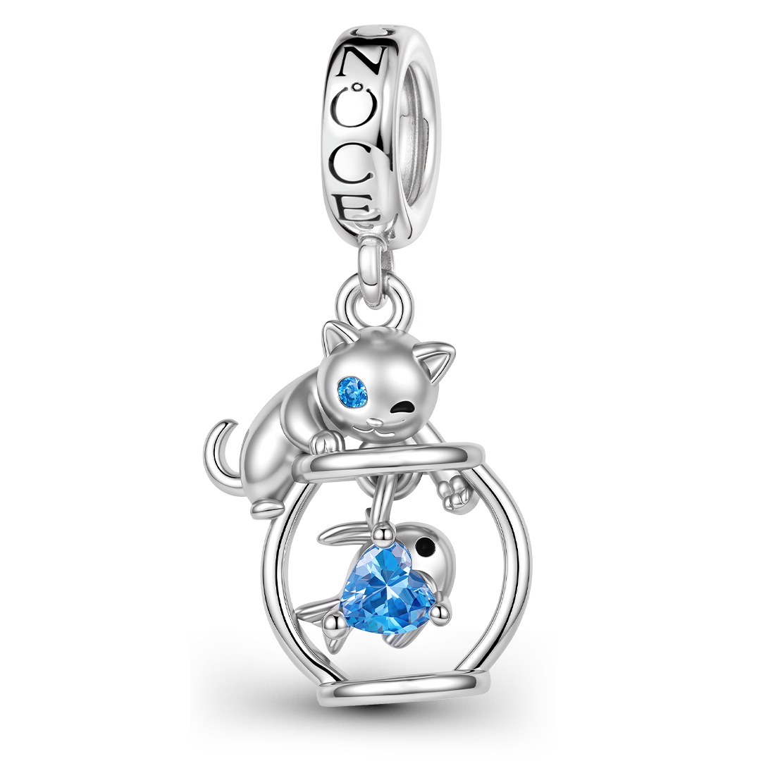 Gnoce Cat Catching Fishbowl Dangle Charm Platinum-plated Silver Blend_1