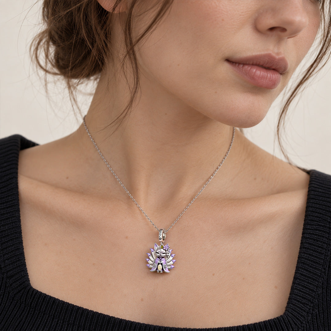 Gnoce Japanese Nine-tailed Fox Purple Lantern Clasp Dangle Charm Glow-in-the-dark Platinum-plated Silver Blend_5