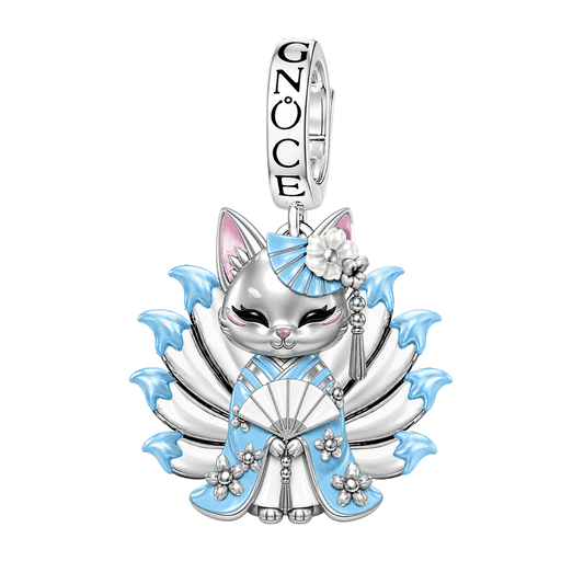 Gnoce Japanese Nine-tailed Fox Blue Fan Clasp Dangle Charm Glow-in-the-dark Platinum-plated Silver Blend_1