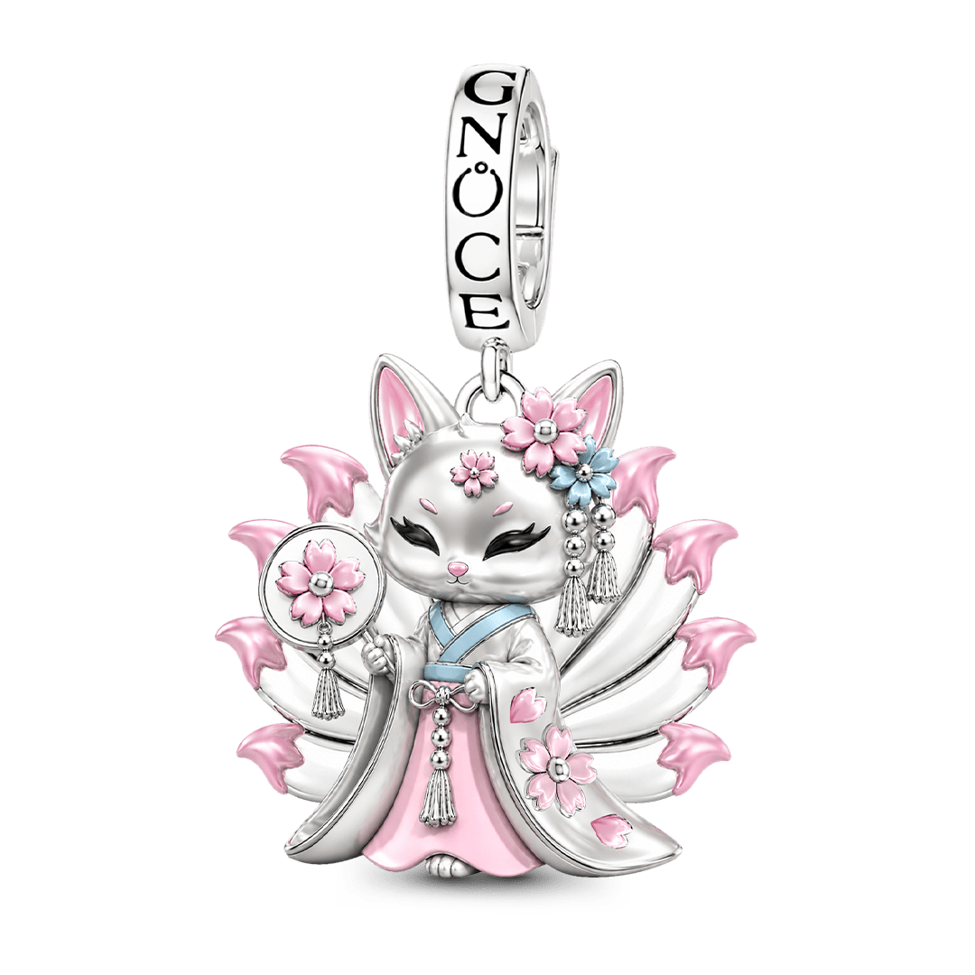 Gnoce Japanese Nine-tailed Fox Pink Cherry Blossom Clasp Dangle Charm Glow-in-the-dark Platinum-plated Silver Blend_2