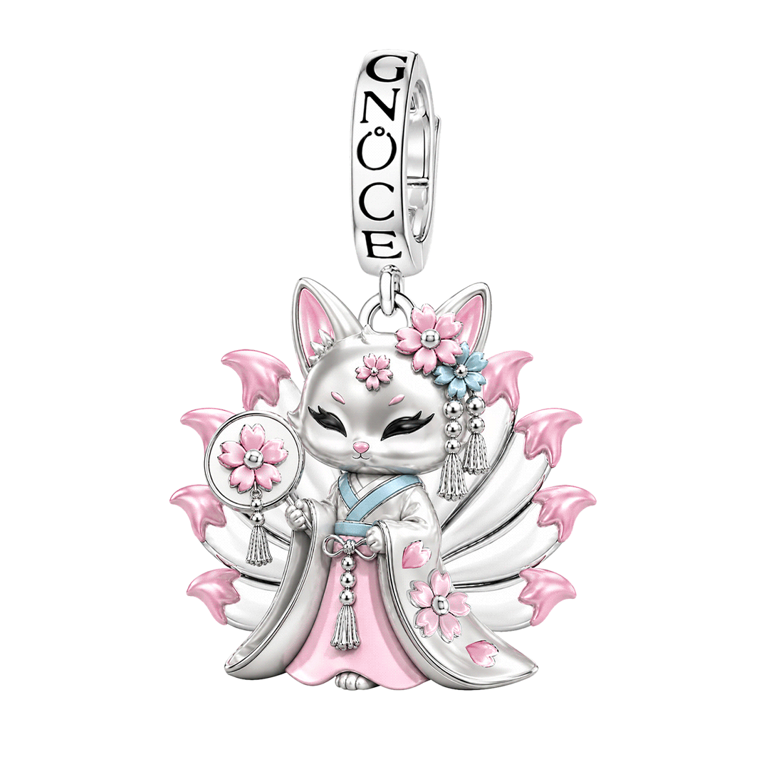 Gnoce Japanese Nine-tailed Fox Pink Cherry Blossom Clasp Dangle Charm Glow-in-the-dark Platinum-plated Silver Blend_1