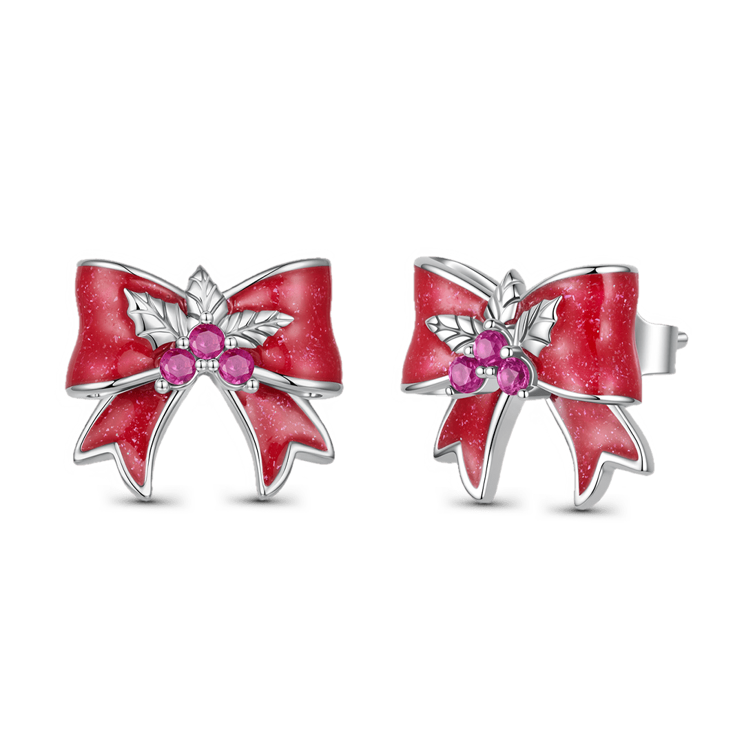 Gnoce Red Bow Holly Pattern Stud Earrings_1