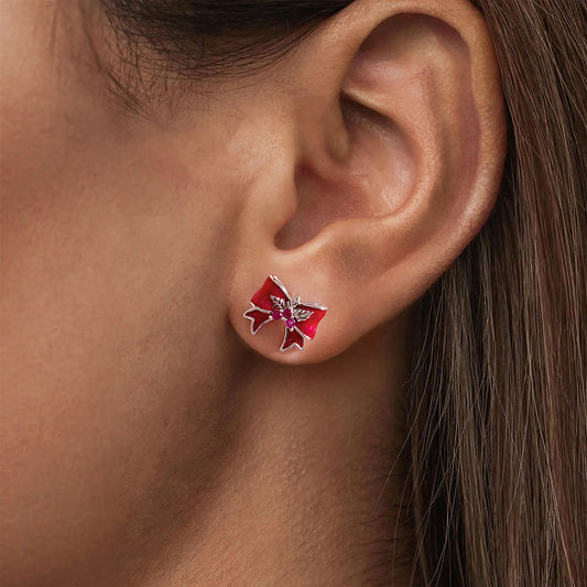 Gnoce Red Bow Holly Pattern Stud Earrings_2