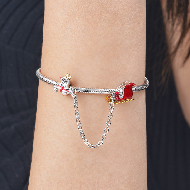 "Reindeer Pulling a Sleigh" Chain Connecting Charms 925 Sterling Silver_2