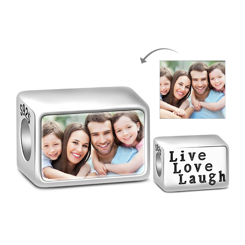 Gnoce "Live Love Laugh "rectangle 925 Sterling Silver Bead Charm Photo Bead Charm_1