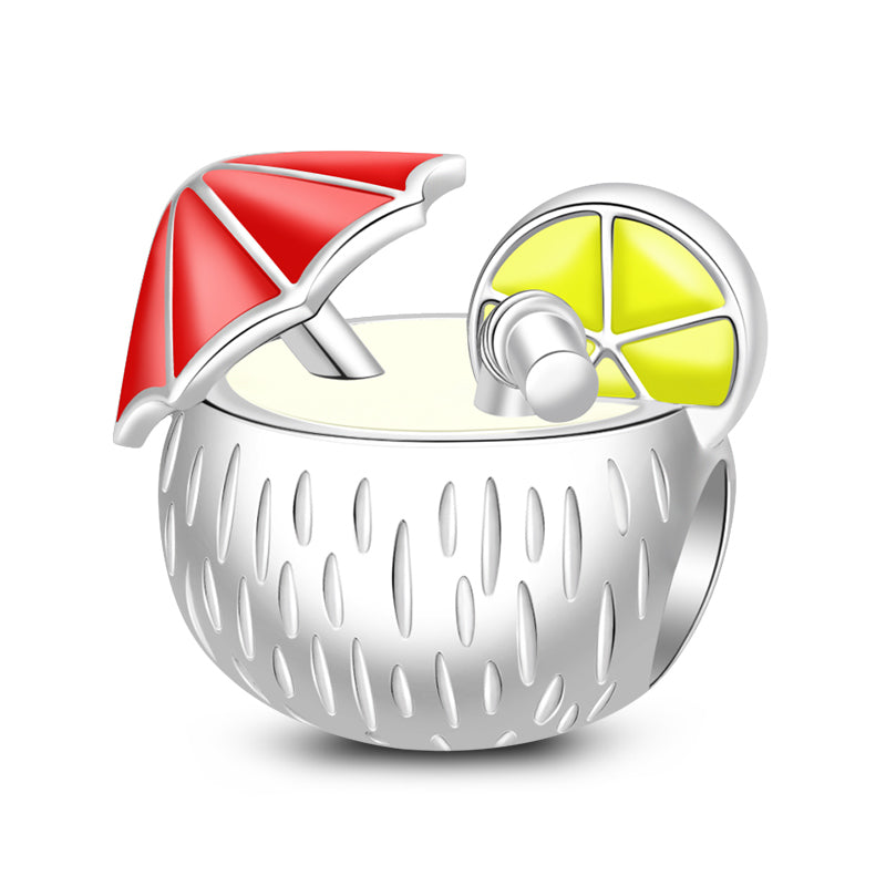 Gnoce "I Love Summer" Lovely Summer Beach Drink 925 Sterling Silver with Red Enamel Beach Umbrella and Fresh Look Lemon Coconut Charm_1