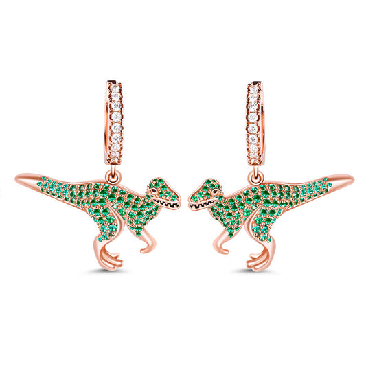 Gnoce "Prehistoric Glamour" S925 Sterling Silver 18k Rose Gold Plated Dinosaur Earrings with Grenn CZ Stones_1