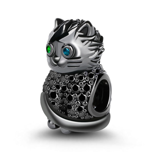Gnoce "Black Cat" S925 Sterling Silver Black plated Cat Beads Charm with Cz Stones Fit Pandora Bracelet_1