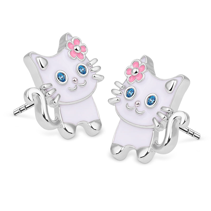 Gnoce White Cat Wears Flower Stud Earrings Platinum-plated Silver Blend_2