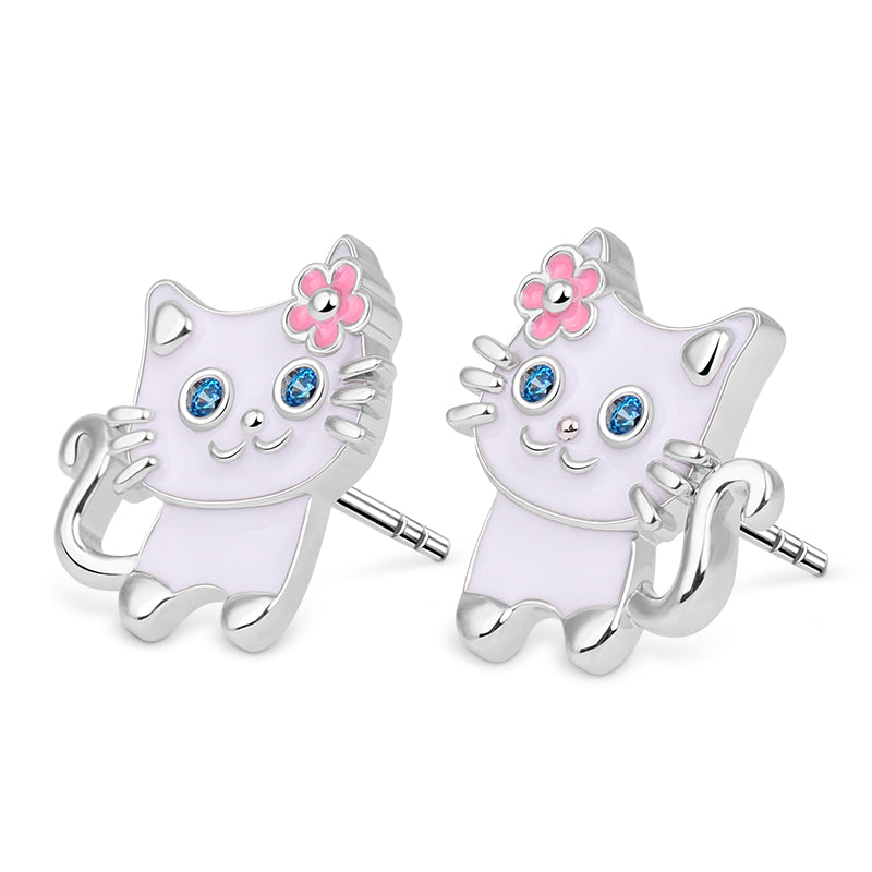Gnoce White Cat Wears Flower Stud Earrings Platinum-plated Silver Blend_1