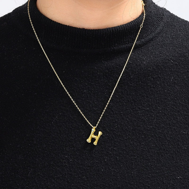 Letter H Pendant Bamboo Initial Necklace Adjustable Chain Length 18k Gold Plated 925 Sterling Silver_4