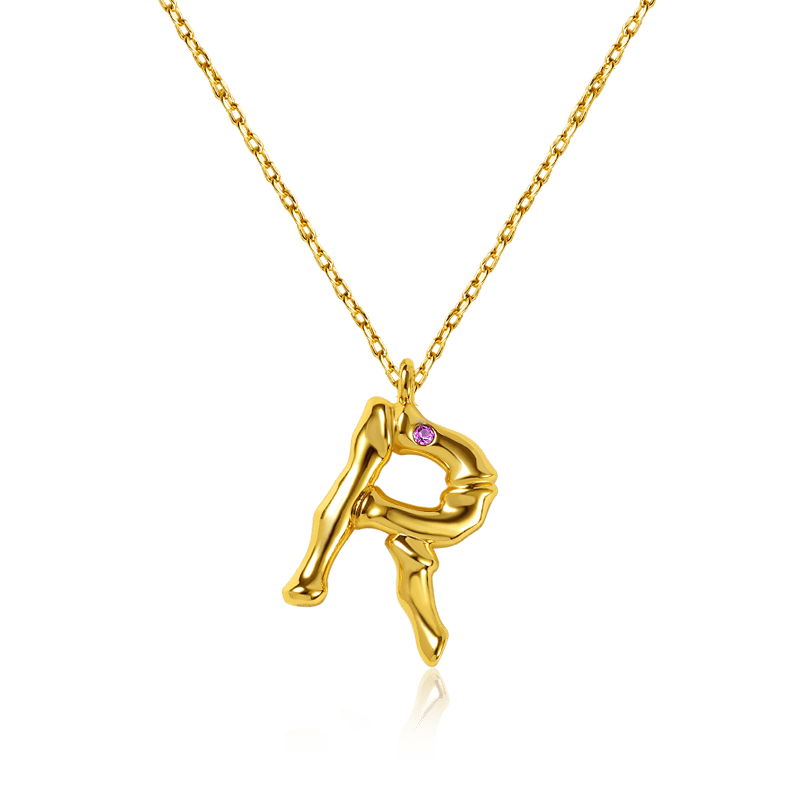 Letter R Pendant Bamboo Initial Necklace Adjustable Chain Length 18k Gold Plated 925Lead-free ECO Copper_1