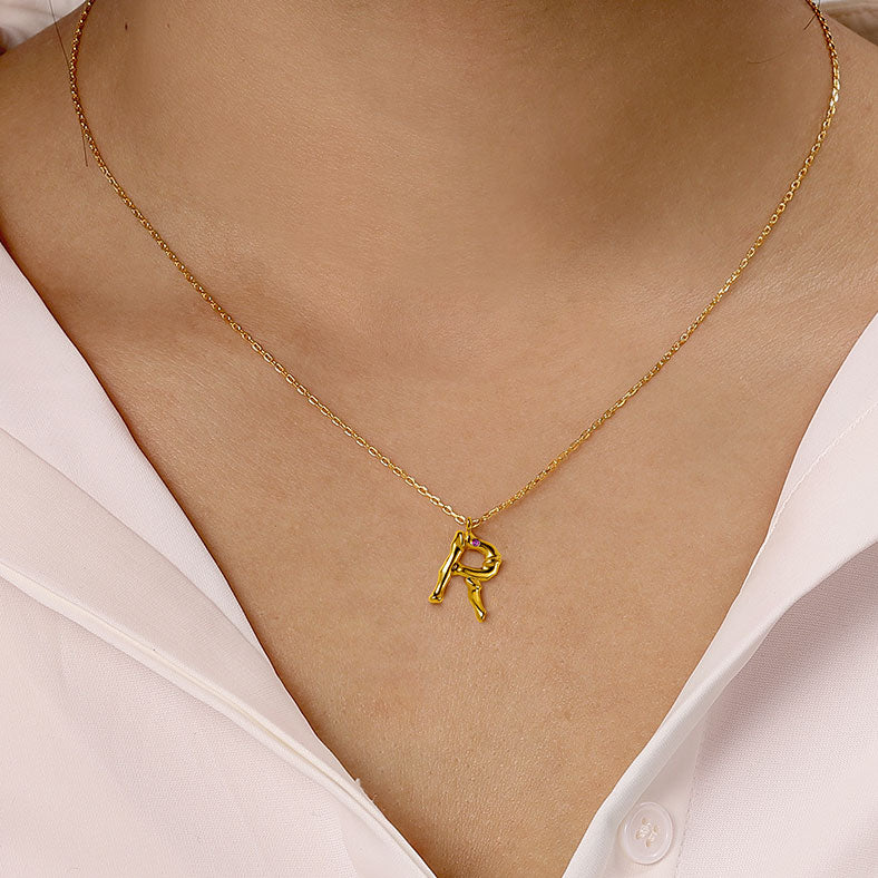 Letter R Pendant Bamboo Initial Necklace Adjustable Chain Length 18k Gold Plated 925Lead-free ECO Copper_4