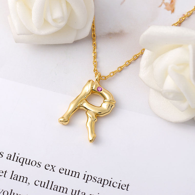 Letter R Pendant Bamboo Initial Necklace Adjustable Chain Length 18k Gold Plated 925Lead-free ECO Copper_3