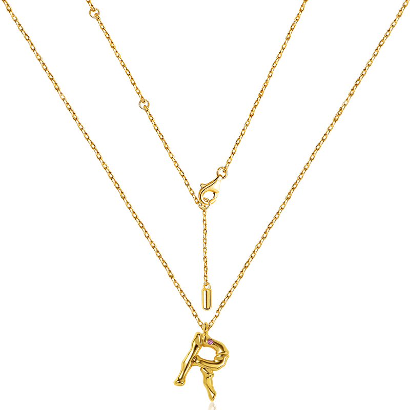Letter R Pendant Bamboo Initial Necklace Adjustable Chain Length 18k Gold Plated 925Lead-free ECO Copper_2