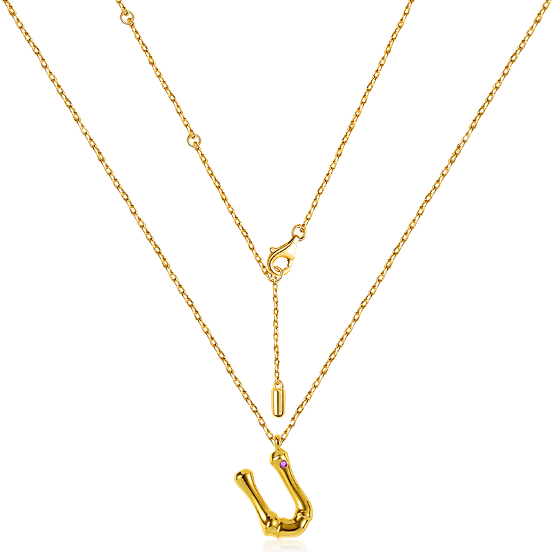 Letter U Pendant Bamboo Initial Necklace Adjustable Chain Length 18k Gold Plated 925 Sterling Silver_2
