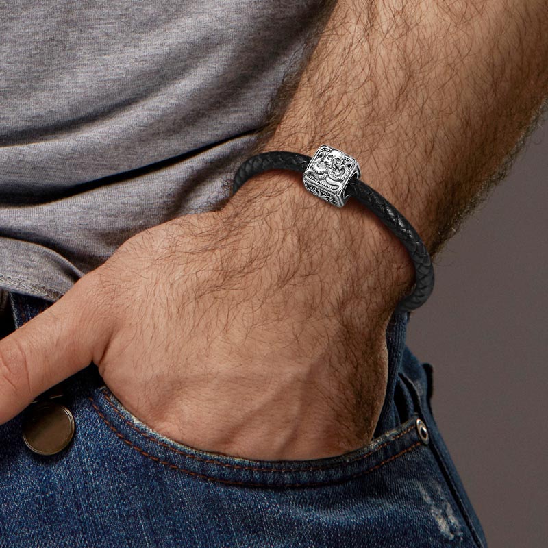 Crusu Men's Vintage Bead S925 Sterling Silver with Gift Copper Black Leather Men's Bracelet Jewelry for Men_7