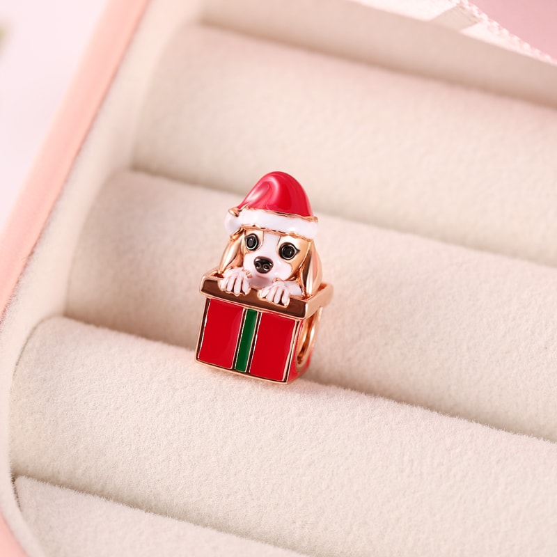 Dog with Gift Box Charm Bead Sterling Silver 18k Rose Gold Plated for Christmas_2