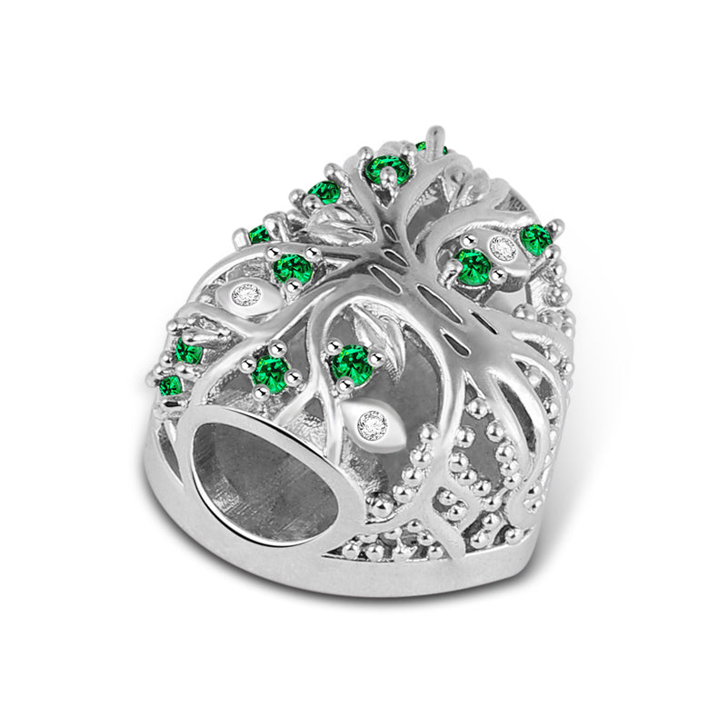 Gnoce "Love Memory" Tree of life Photo Charm Heart Shaped with Green Crystals Sterling Silver Bead_2