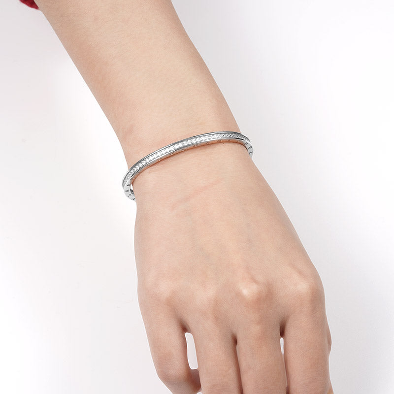 Arc Open Bracelet Sterling Silver inlaid with Round Cut White Stones_4
