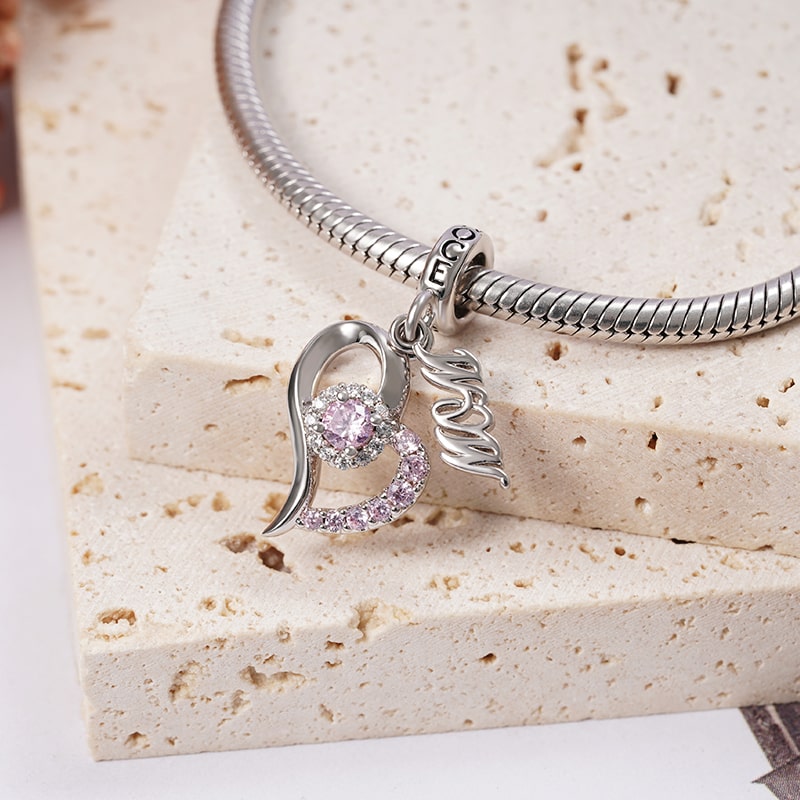Mom Heart-shaped Pendant Dangle Charm Sterling Silver inlaid with Pink Stones_2