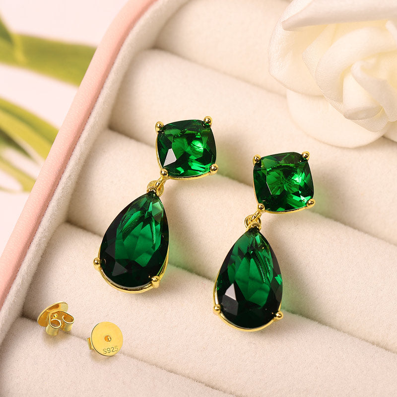 Large Green Sapphire Dangle Earrings with Gold Plated Sterling Silver_2