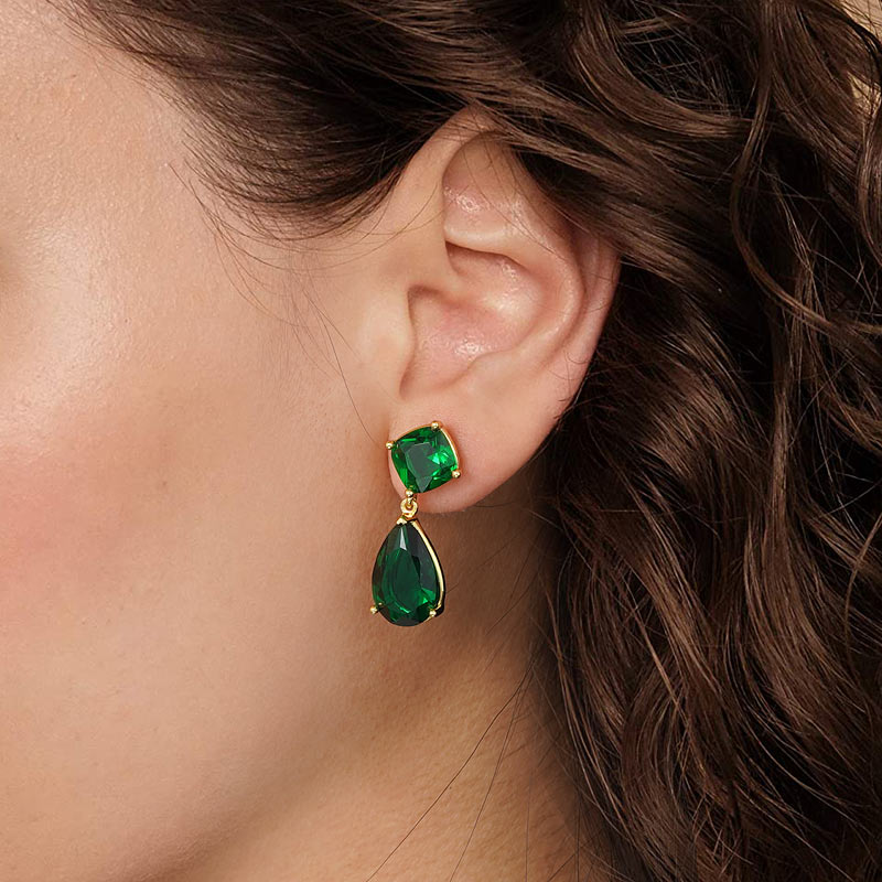 Large Green Sapphire Dangle Earrings with Gold Plated Sterling Silver_3