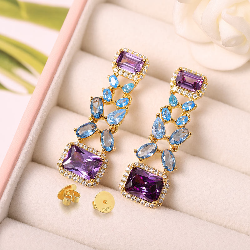 Blue Butterfly Purple Gems Dangle Earrings with Gold Plated Sterling Silver_2