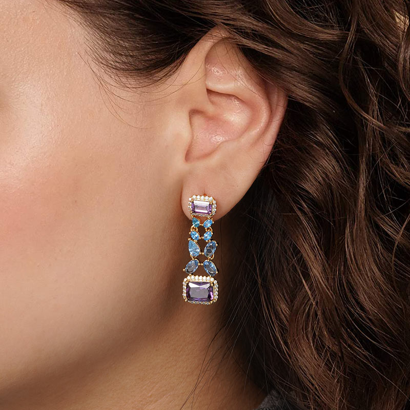 Blue Butterfly Purple Gems Dangle Earrings with Gold Plated Sterling Silver_3