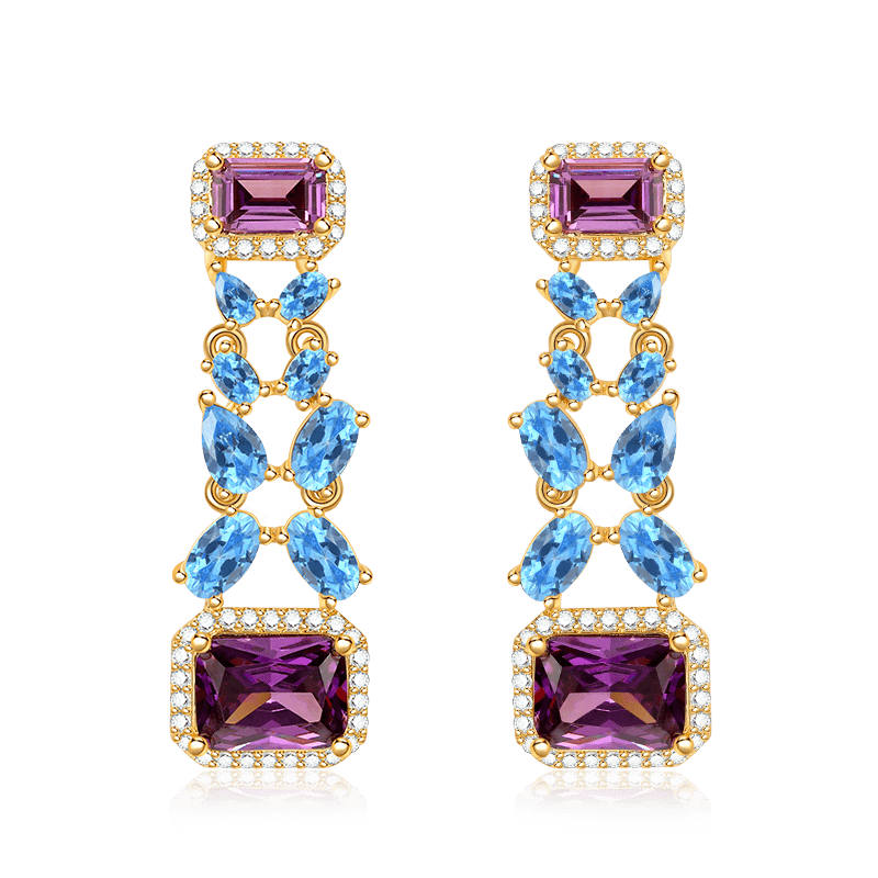 Blue Butterfly Purple Gems Dangle Earrings with Gold Plated Sterling Silver_1