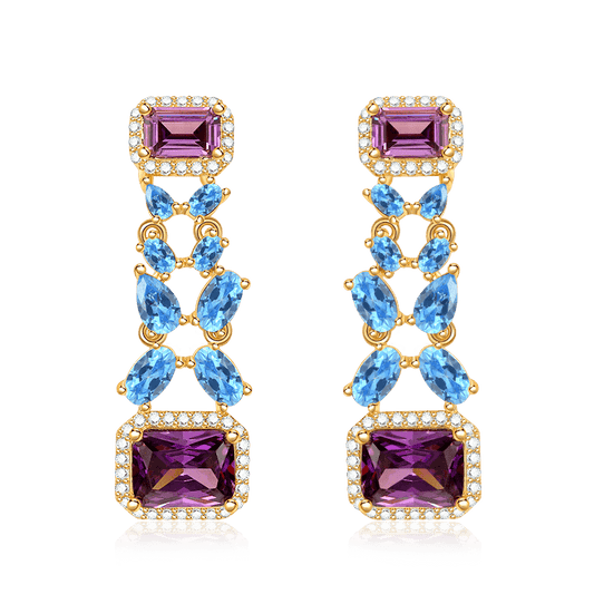 Blue Butterfly Purple Gems Dangle Earrings with Gold Plated Sterling Silver_1