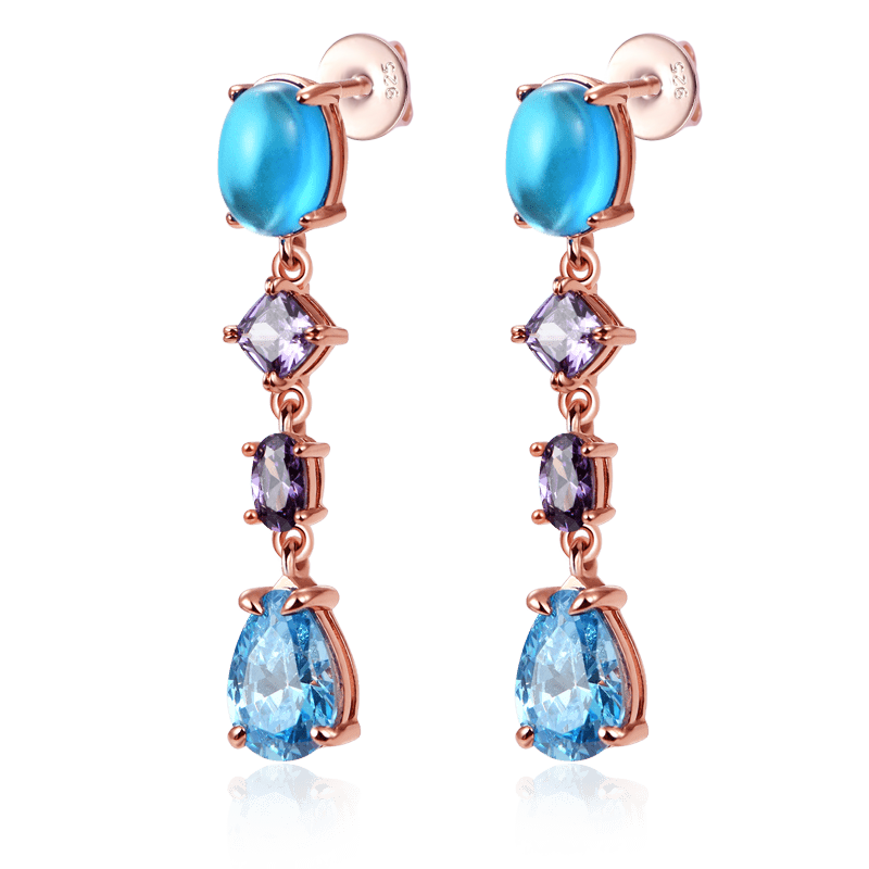 Sea Blue Dangle Earrings with Rose Gold Plated Sterling Silver_2