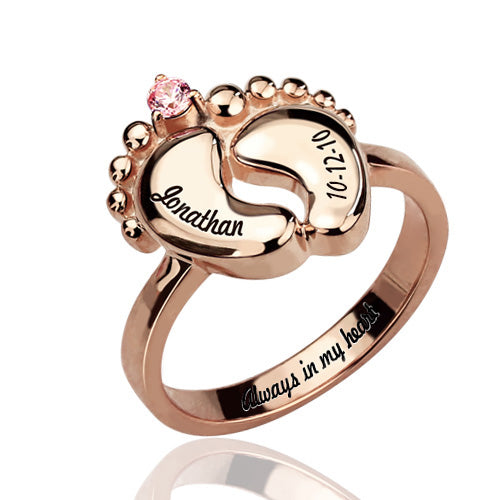 Gnoce "My Baby" Engraved Baby Feet Ring with Birthstone Platinum Plated_1