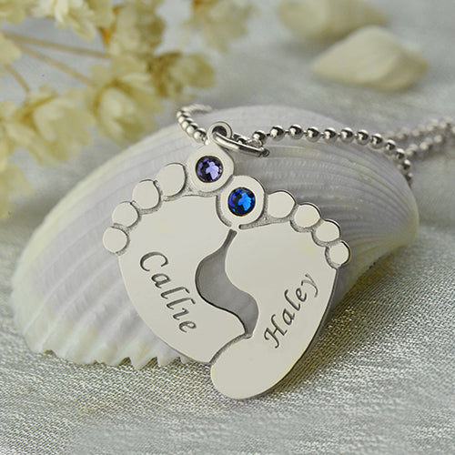 Gnoce "My Baby" Personalized Baby Feet Name Necklace with Birthstone Silver_3